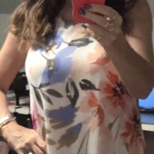 Floral Sleeveless Summer Top - White with Blue & Coral Bloom